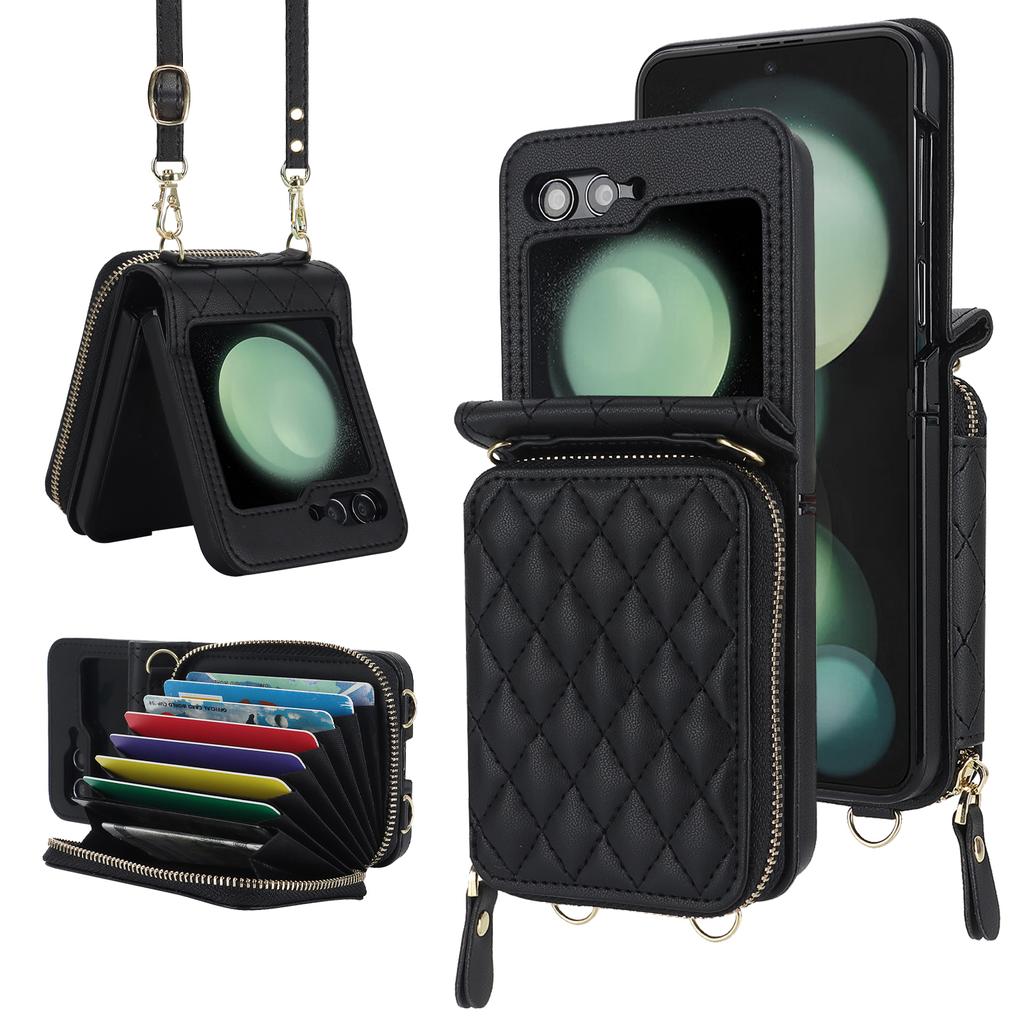 Crossbody Wrist Strap Leather Phone Case for Samsung Galaxy Z Flip 5 4 3 Flip5 Flip4 Flip3 5G Zipper Wallet Card Holder Cover