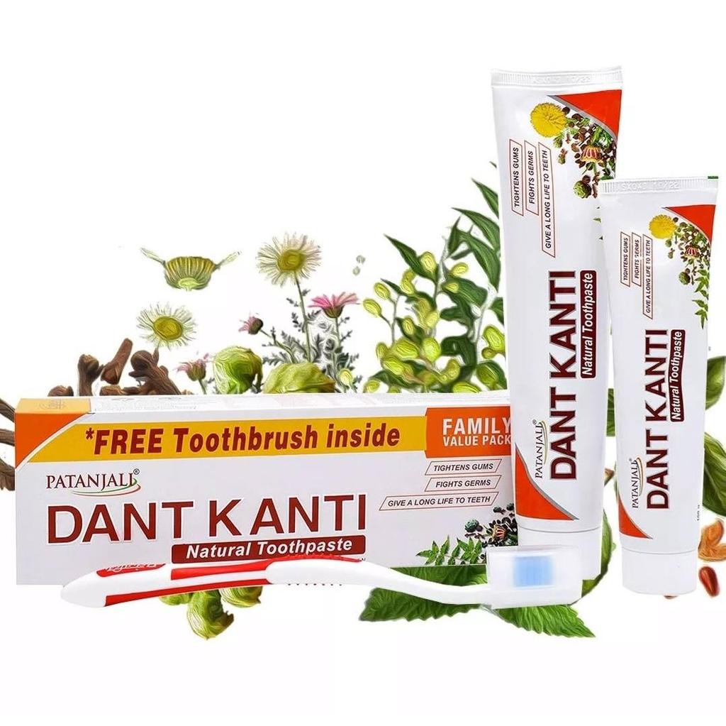 Tandkräm DANT KANTI Natural 200g + 100g + tandborste Naturligt Familjepaket