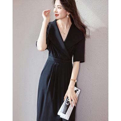 Demana Black Swan Dance Summer Lapel Waist-Cinching Midi Dress