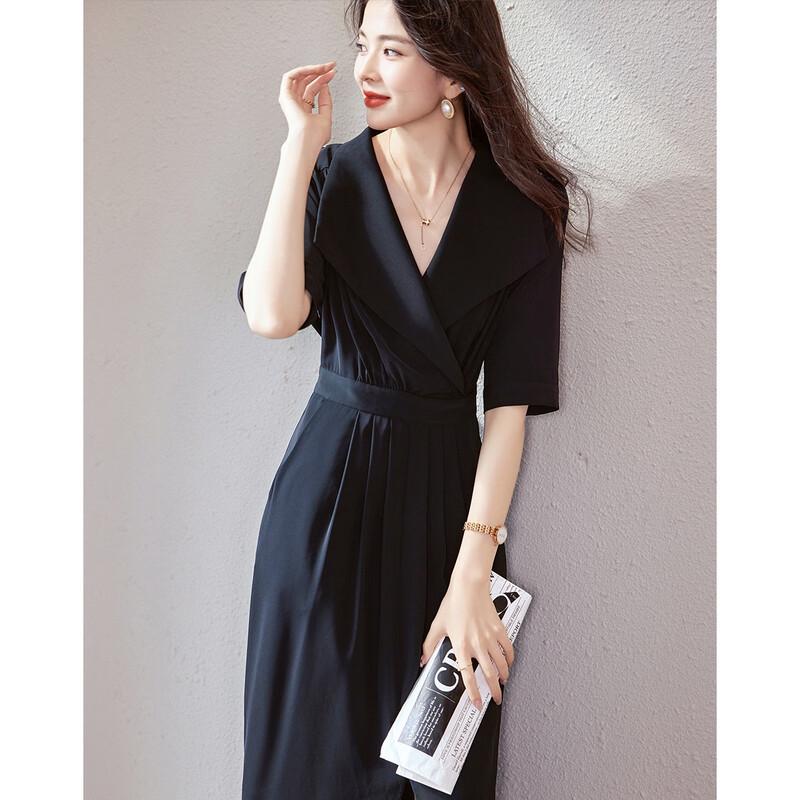 Demana Black Swan Dance Summer Lapel Waist-Cinching Midi Dress M