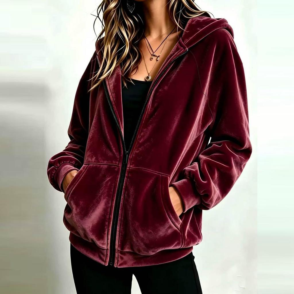 Women's Casual Zip-Up Hoodie, Loose Fit, Color, Long Sleeve