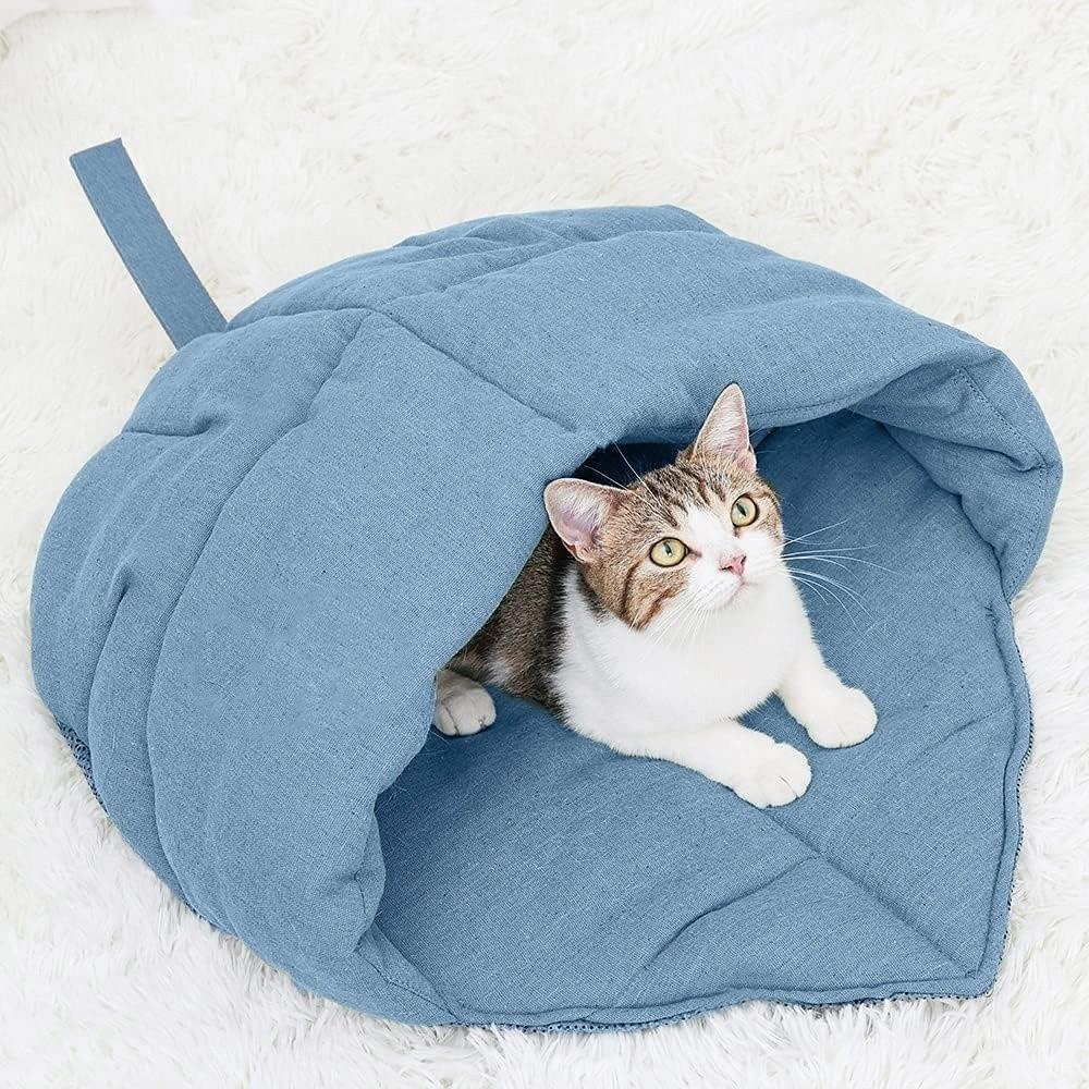 Neuer Leinenstoff Katzen-Schlafsack Weiches Haltbares Blatt-Nest Waschbare Hülle Anti-Angst Thermisch Waschbares Bett Welpen Kätzchen