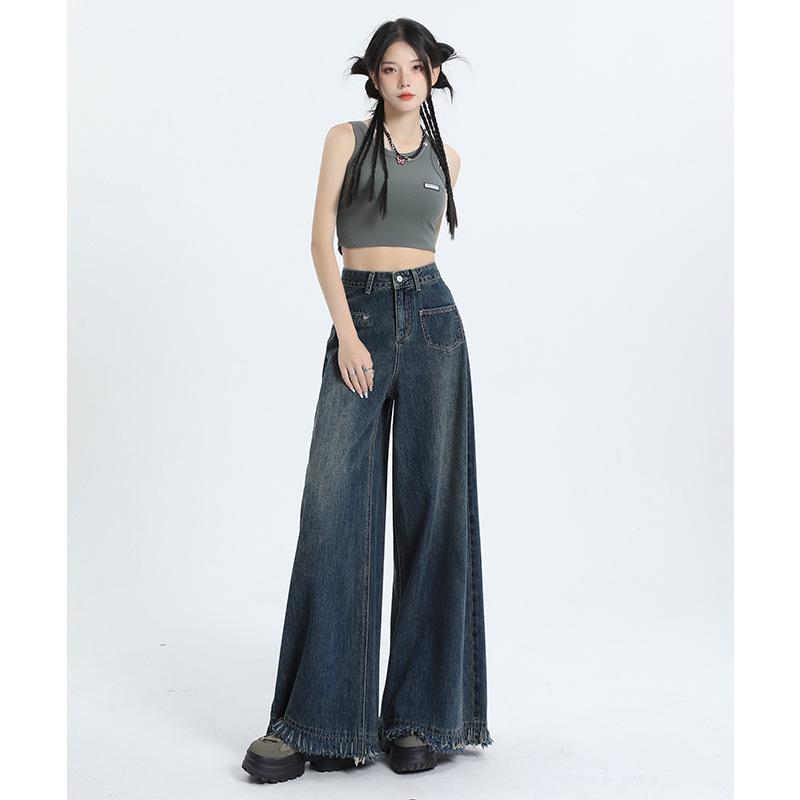 

Американские джинсы с необработанным краем, широкими штанинами, высокой посадкой для женщин - Модные прямые брюки длиной до пола 3XL