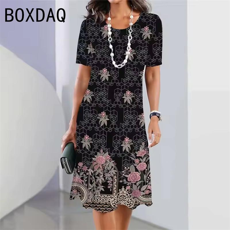 

Retro Ethnic Print Mini Dress Women s Fashion Street Style Summer Short Sleeve round Neck Casual Dress Vestidos De Mujer S