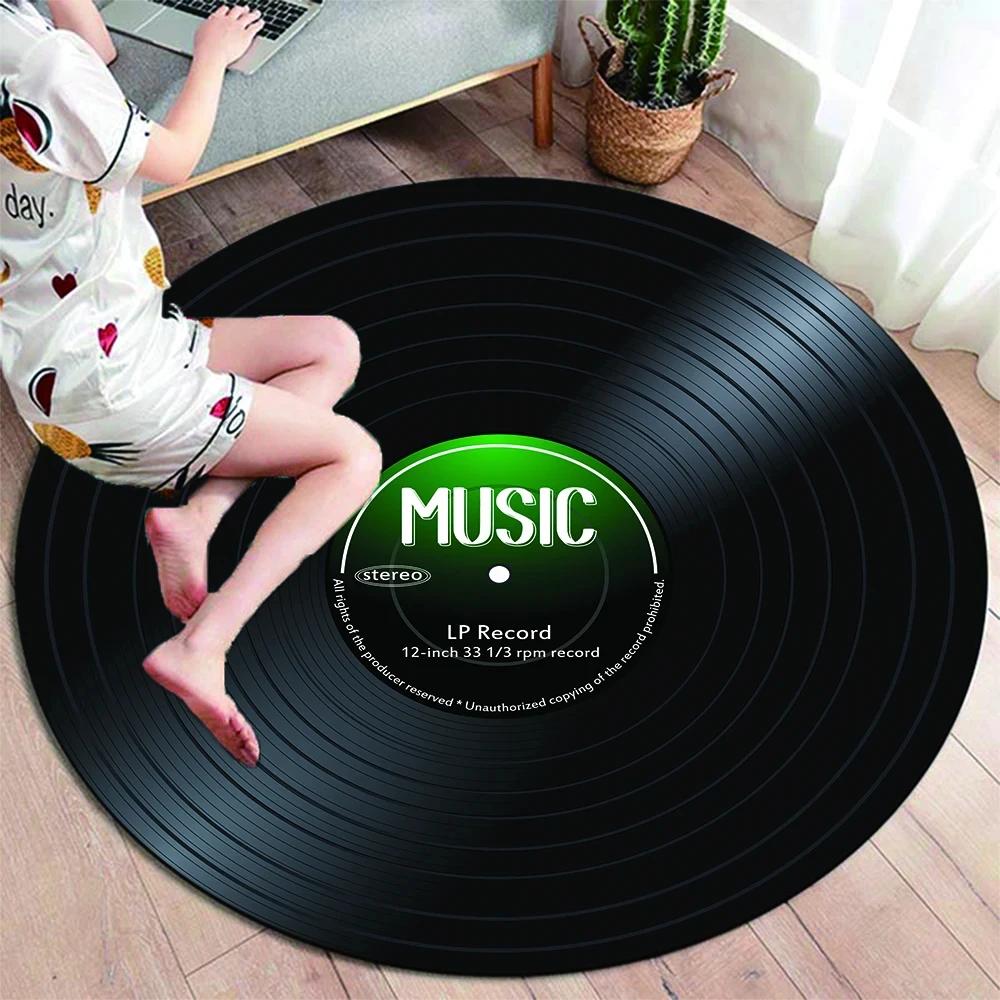 Runder Teppich mit klassischer Musik-Schallplatte, Teppiche für die Dekoration von Wohnzimmerstühlen, weiche, rutschfeste Bodenmatte zum Spielen für Kinder