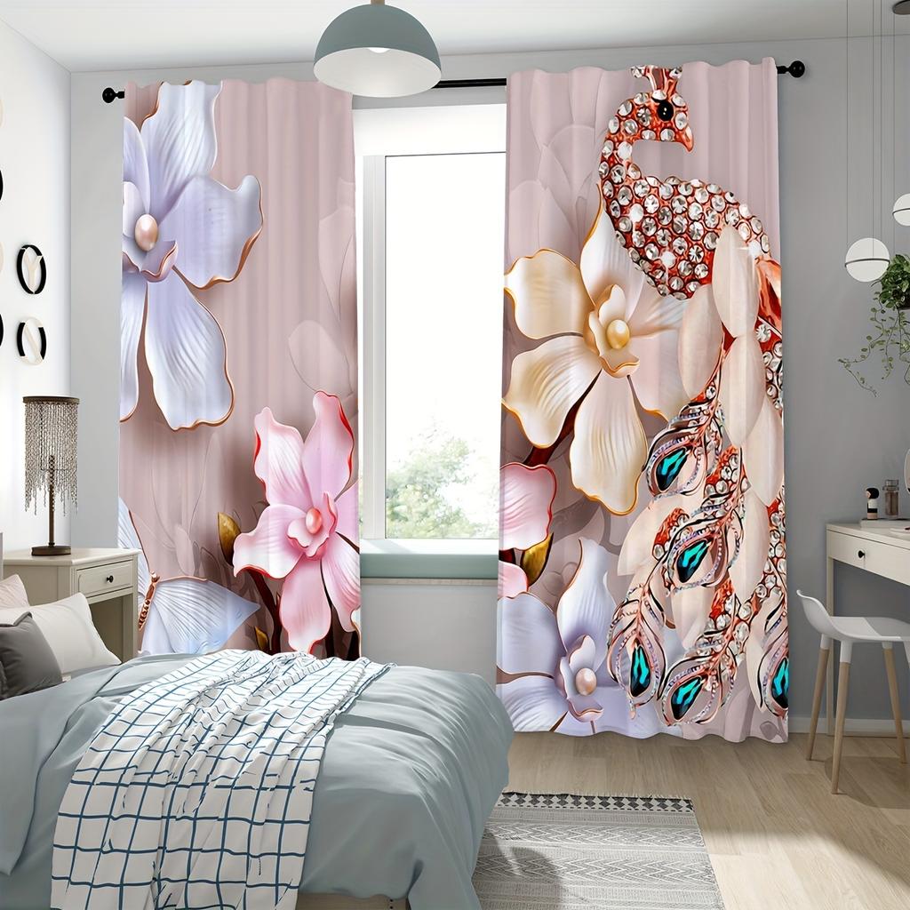 Cortinas com estampa de flores 2 peças, cortinas decorativas para janelas, tratamentos de janela para quarto, sala de estar, decoração de casa, decoração de quarto