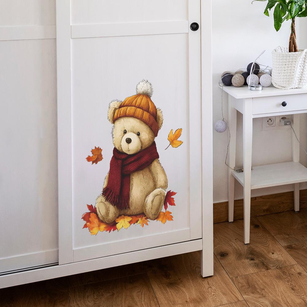 Cartoon Plush Bear and Fallen Leaf Children's Bedroom Home Decoration and Beautification Wall Stickers