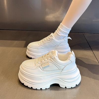 Muffin Thick-soled Heightening Leather Little White Shoes Women's Autumn New Versatile Lightweight Lace-up Sports and Leisure Board Shoes