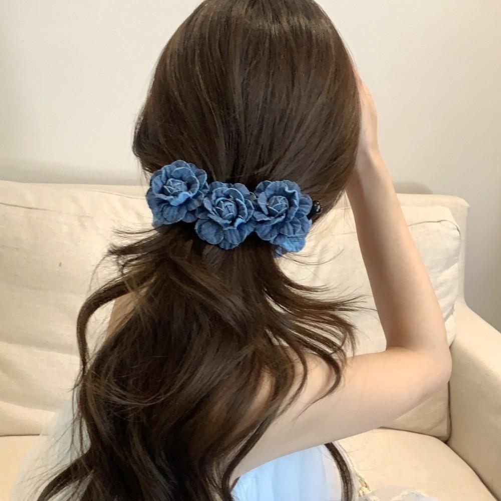 Denim Blue Flower Banana Clips Camellia Floral Twisted Hair Clip Sweet Women Vertical Clip  Spring