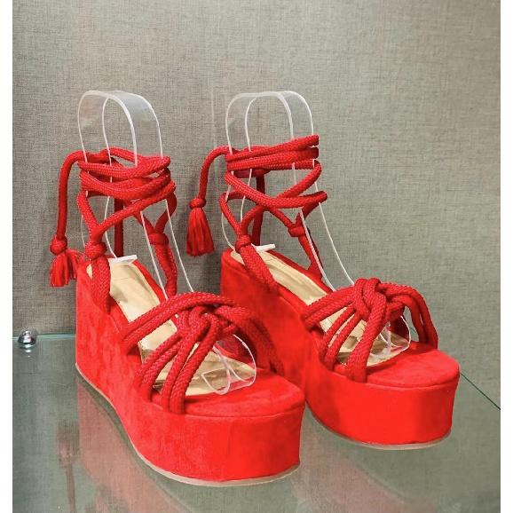Women s Summer New Fish Toe Lace-up Wedge Sandals European Style Plus Size Thick Bottom Shoes 35 красный