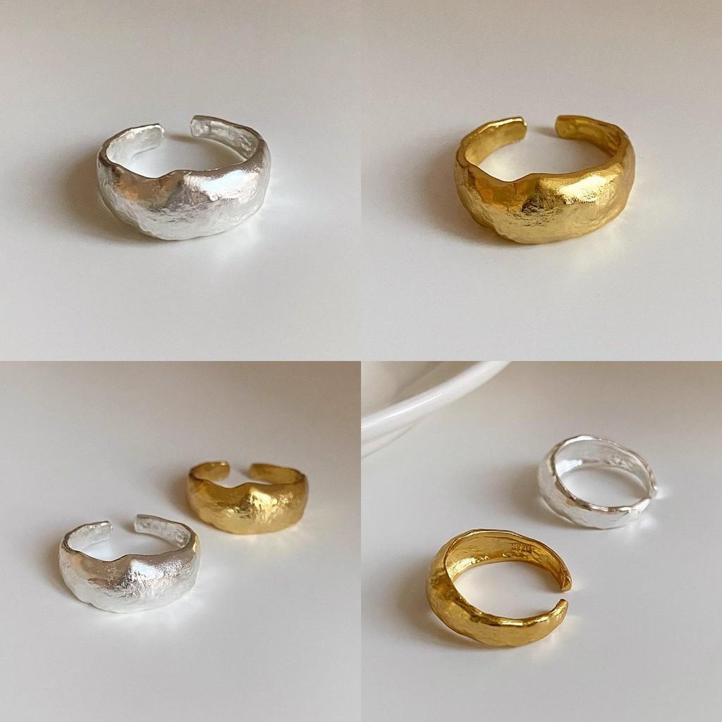 Luxurious S925 Silver Adjustable Ring With Irregular Hammered Texture For Womens Fashion
