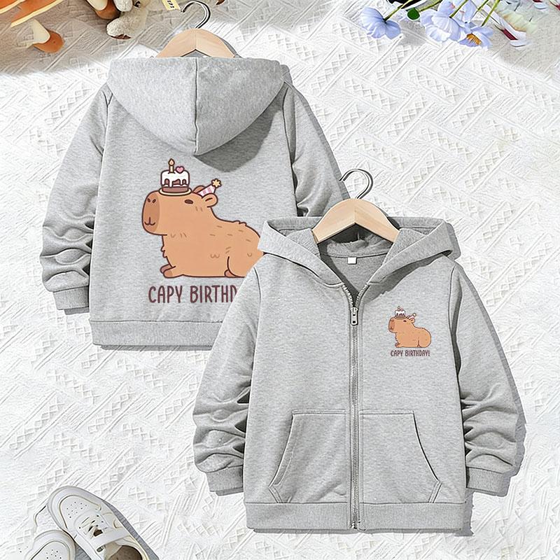 Funny Trendy Hoodie Capybara Birthday Jacket for Boys Girls Zipper Spring and Autumn Animal Cartoon Sweatshirts Zip Up