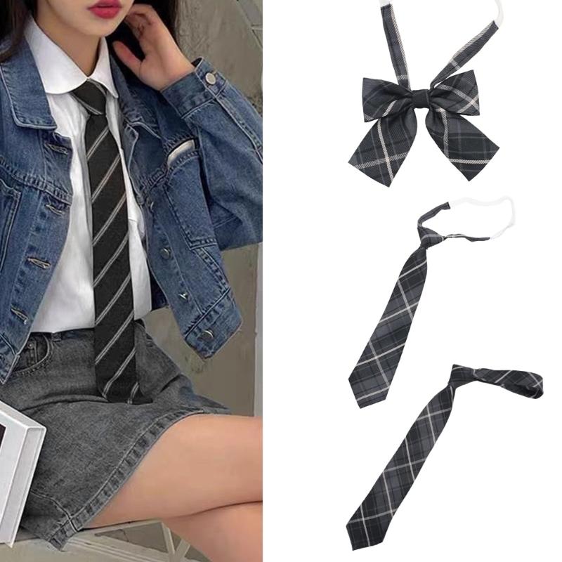 JK Gray Checkered Neck Tie Pre-Tied Bowtie for School Uniform Formal Business