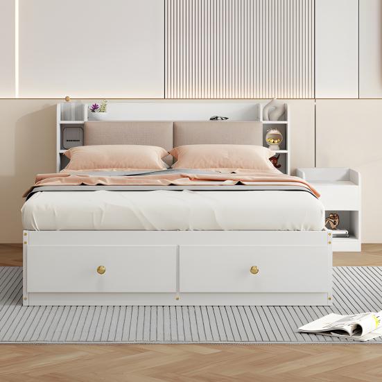 140 X 200cm Storage Bed with Drawers Headboard Built-in Storage Compartment Bedside Table Sofa Bench Strong Wood Slat Support Bed Home Furniture