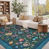 Blue Retro Living Room Carpet Bohemian Light Luxury Floral Print Bedroom Rug Machine Washable Foldable Non-slip Coffee Table Mat