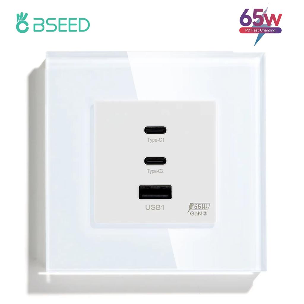 BSEED Power Sockets Electric Outlets Plus Dual Type-c USB Fast Charging Ports 65W 3A Glass Frame EU Standard Wall Embedded