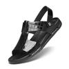 Fashion Summer Men's Genuine Leather Beach Slippers Open Toed Sandals Durable Handmade Black Breathable Soft Soled Casual Roman Sandals