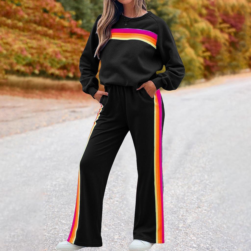 Modischer Damen Rundhals Locker Farbgestreift Elastischer Bund Jogginghosen Set