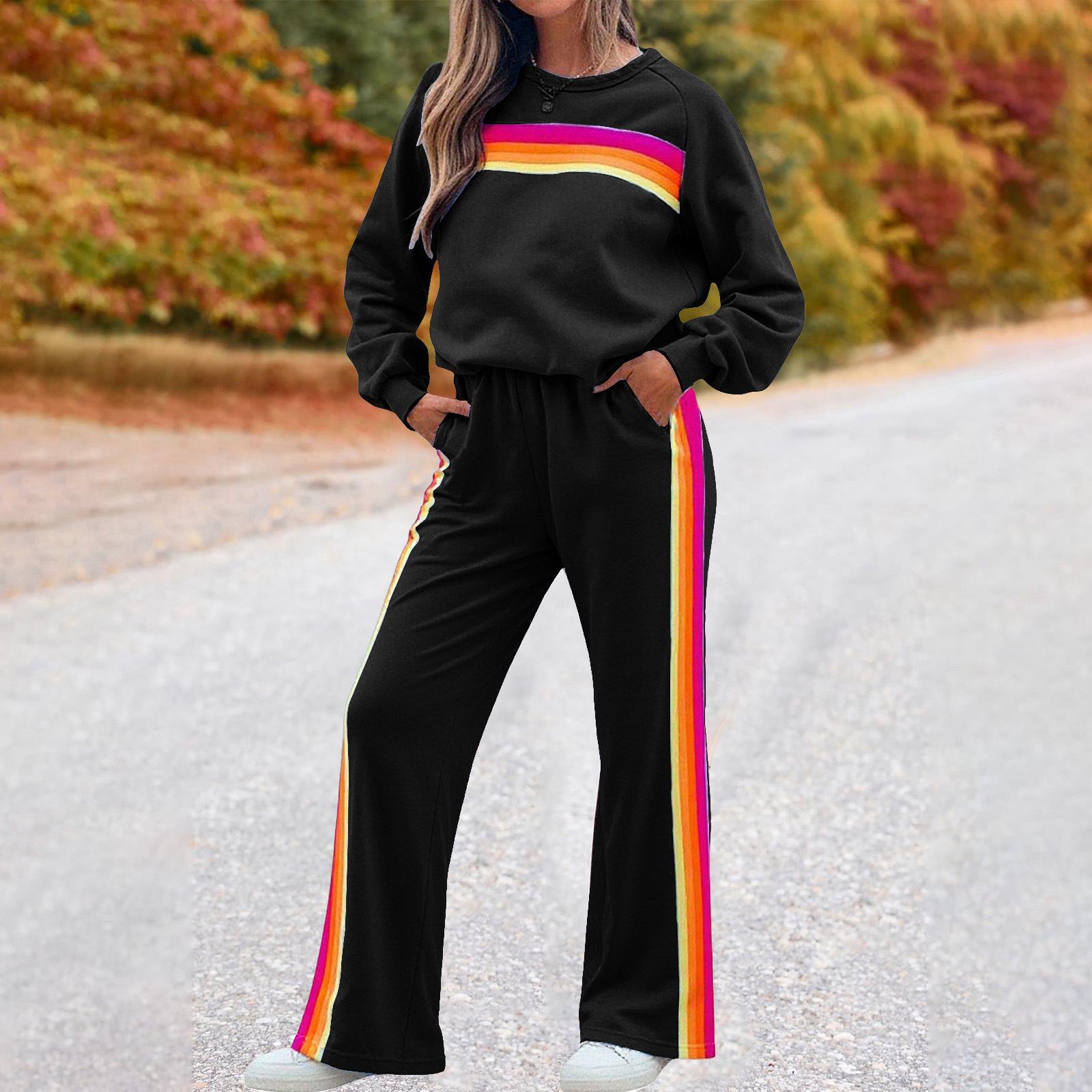 

Модный женский комплект спортивных штанов с круглым вырезом, свободного кроя, в цветную полоску, с эластичной талией XL чёрный