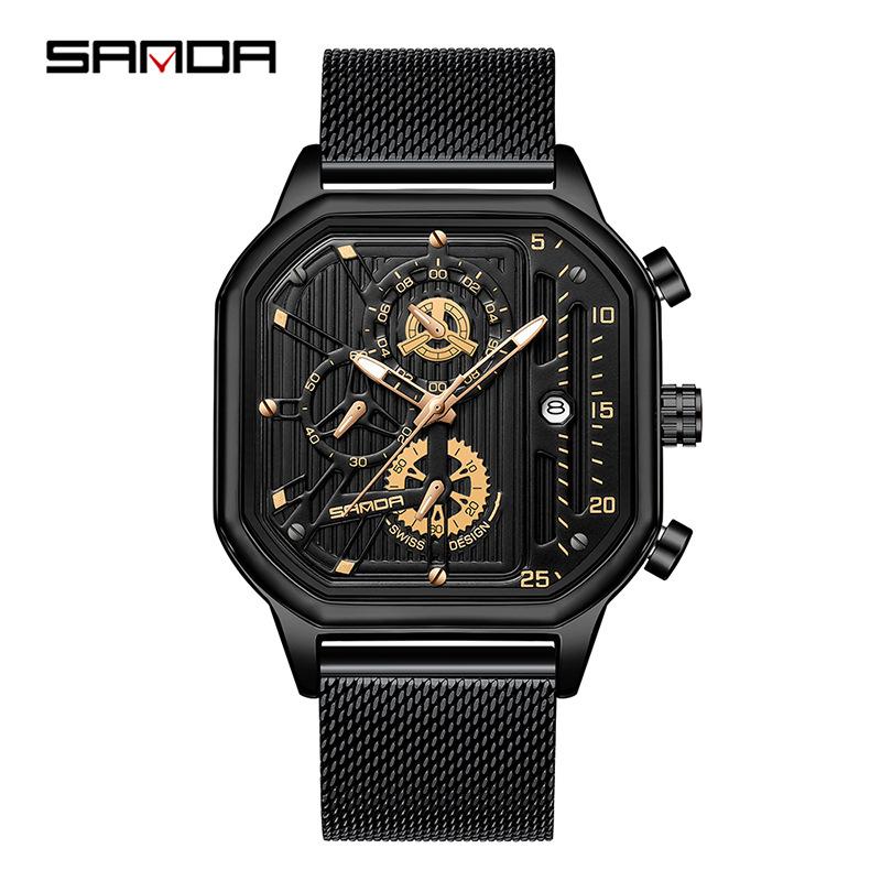 SANDA 7058 Square Quartz Watch Men's Business Quartz Watch Multi-function Six Hands Calendar Waterproof Steel Belt Wristwatch