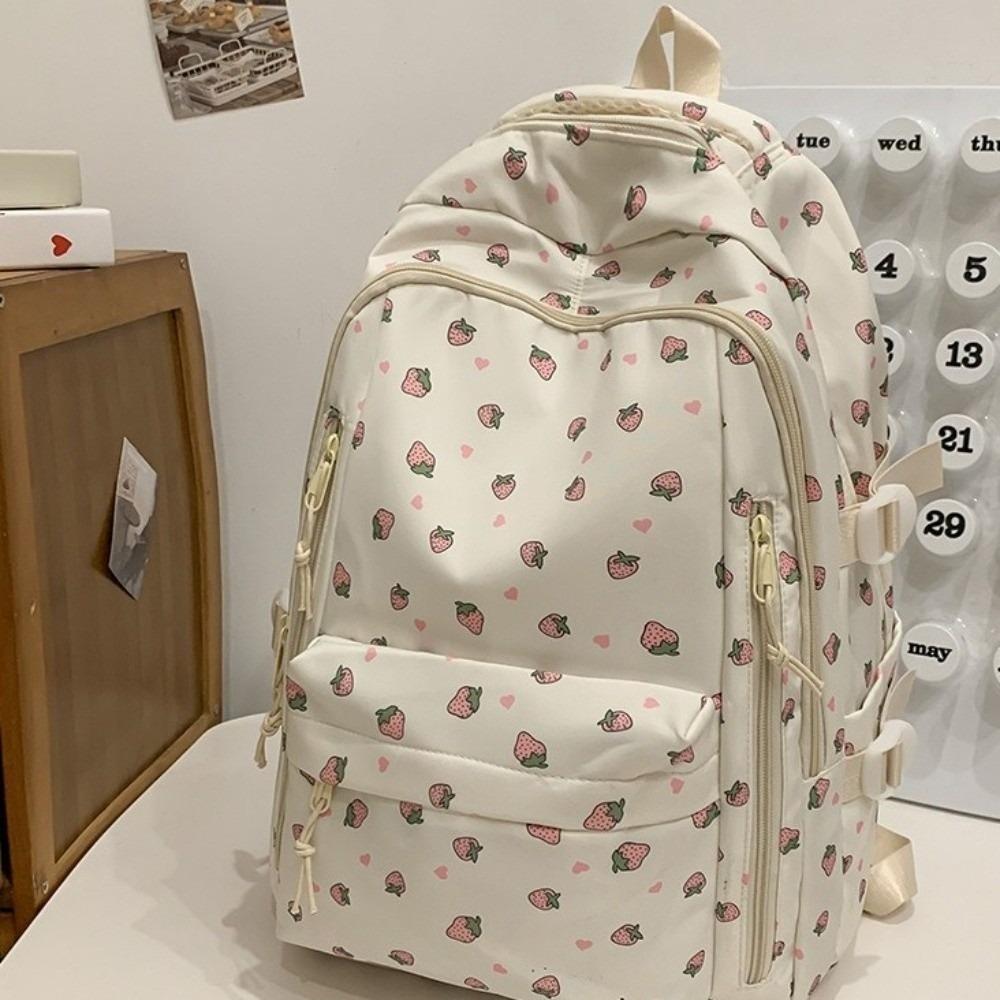 Multi-compartment Bow Pattern School Bag Multi-pocket Rucksack Floral Print Backpack Travel