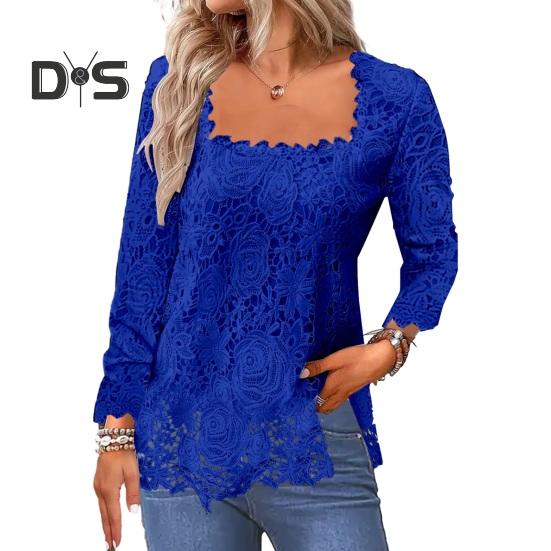 

Женская весенняя рубашка с квадратным вырезом, ажурным кружевом, длинным рукавом, однотонная мягкая свободная дышащая футболка для женщин 2XL синий