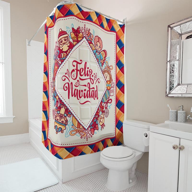 TU Bathroom Shower Curtain Christmas Santa Claus Festive Holiday Pattern Waterproof Decor