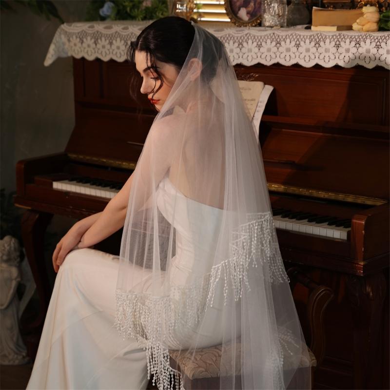 Classical White Wedding Veils Double Layer Tulle Headpiece With Flowing Fringe Design For Bridal Photoshoots Reception