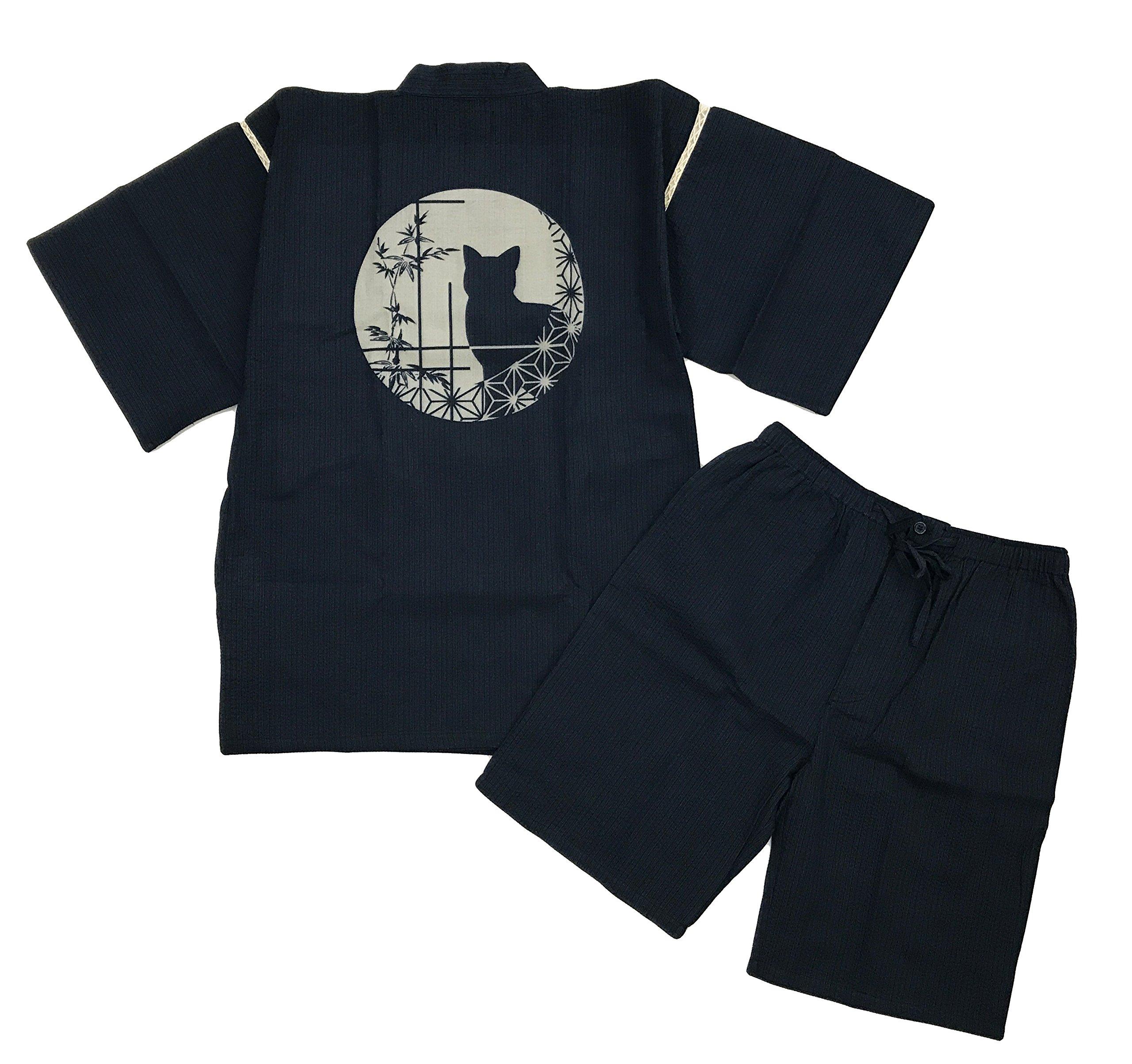 

Jinbei Shijira Weave Cool Summer Cotton Discharge Printed Cat Pattern Original Pattern Round Window Cat Navy M [Edoten] 100% Mens