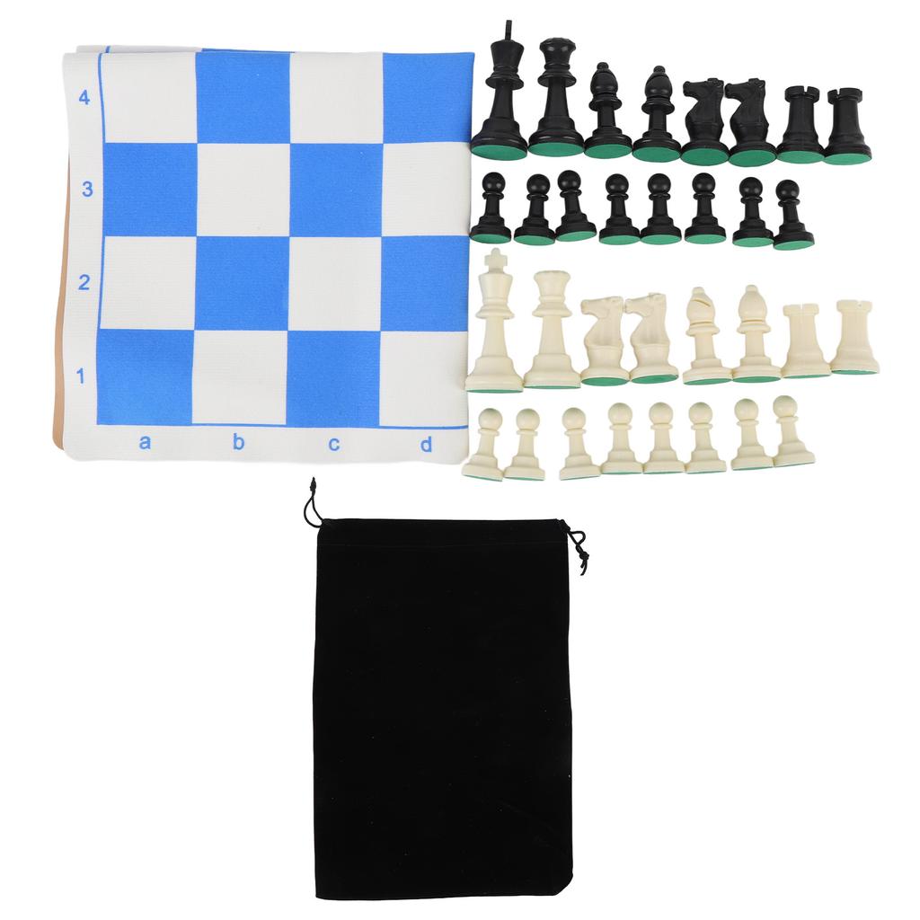 Chess Set with PU Blue White Chess Board 32pcs Plastic Chess Pieces Black Square Storage Bag Chess