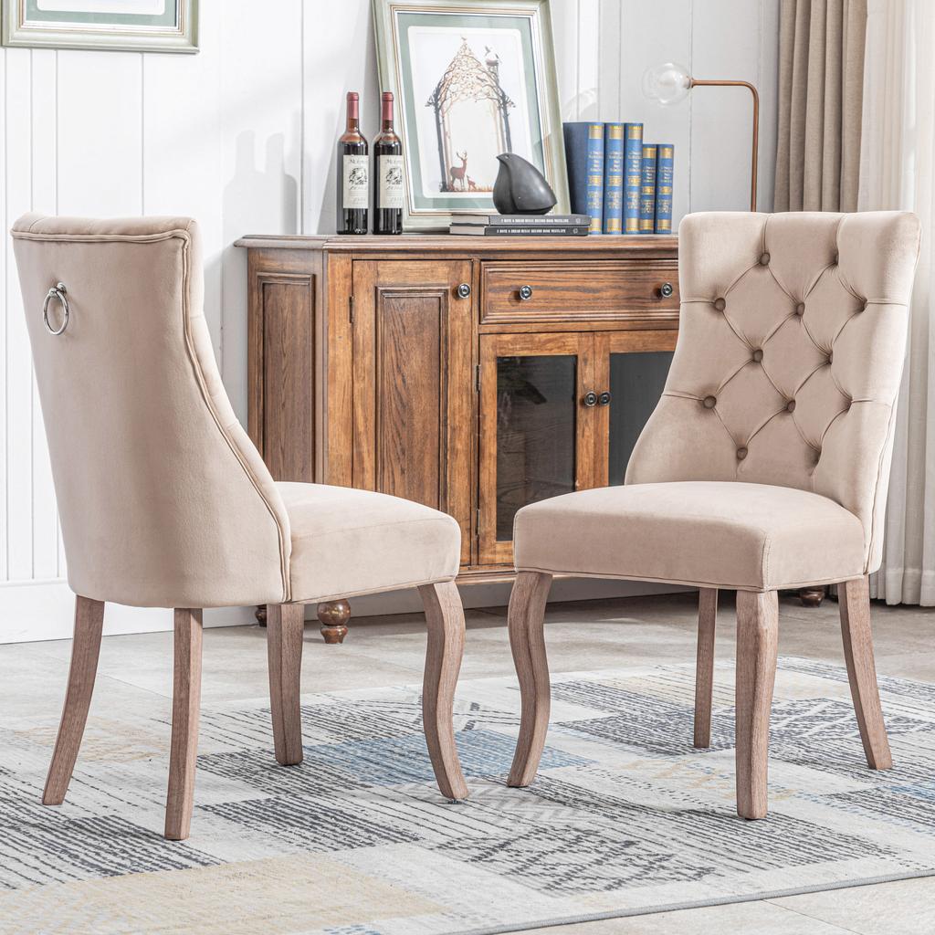 4-Leg Chair, Beige Velvet Dining Chair, High Backrest, with Button Tufting, Solid Wood Frame, Beige (Set of 2)