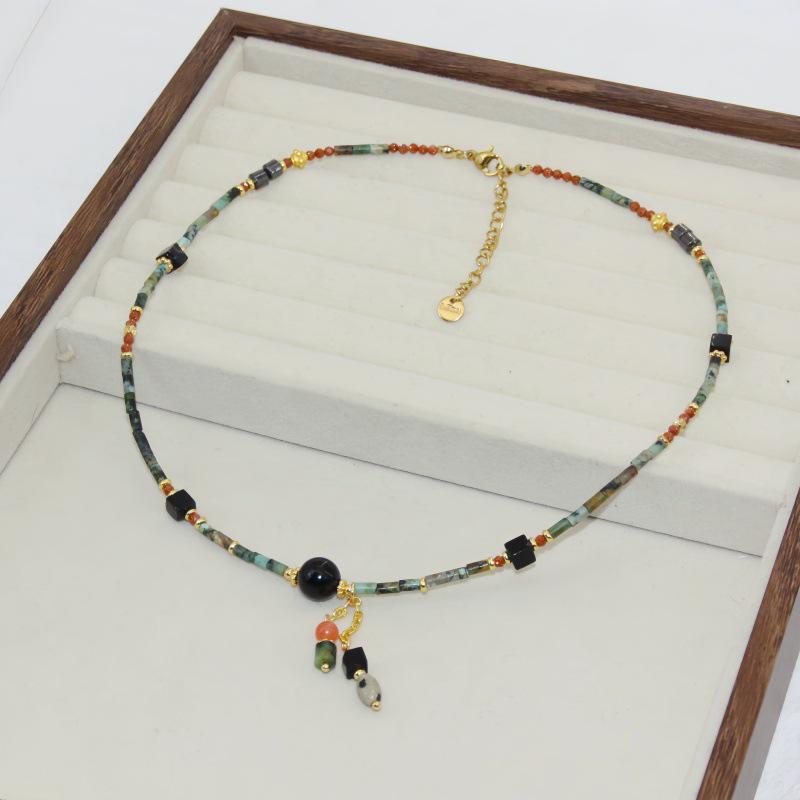 Handmade Retro Natural Stone Necklace with Turquoise Beads and Obsidian Pendant On Titanium Steel Chain