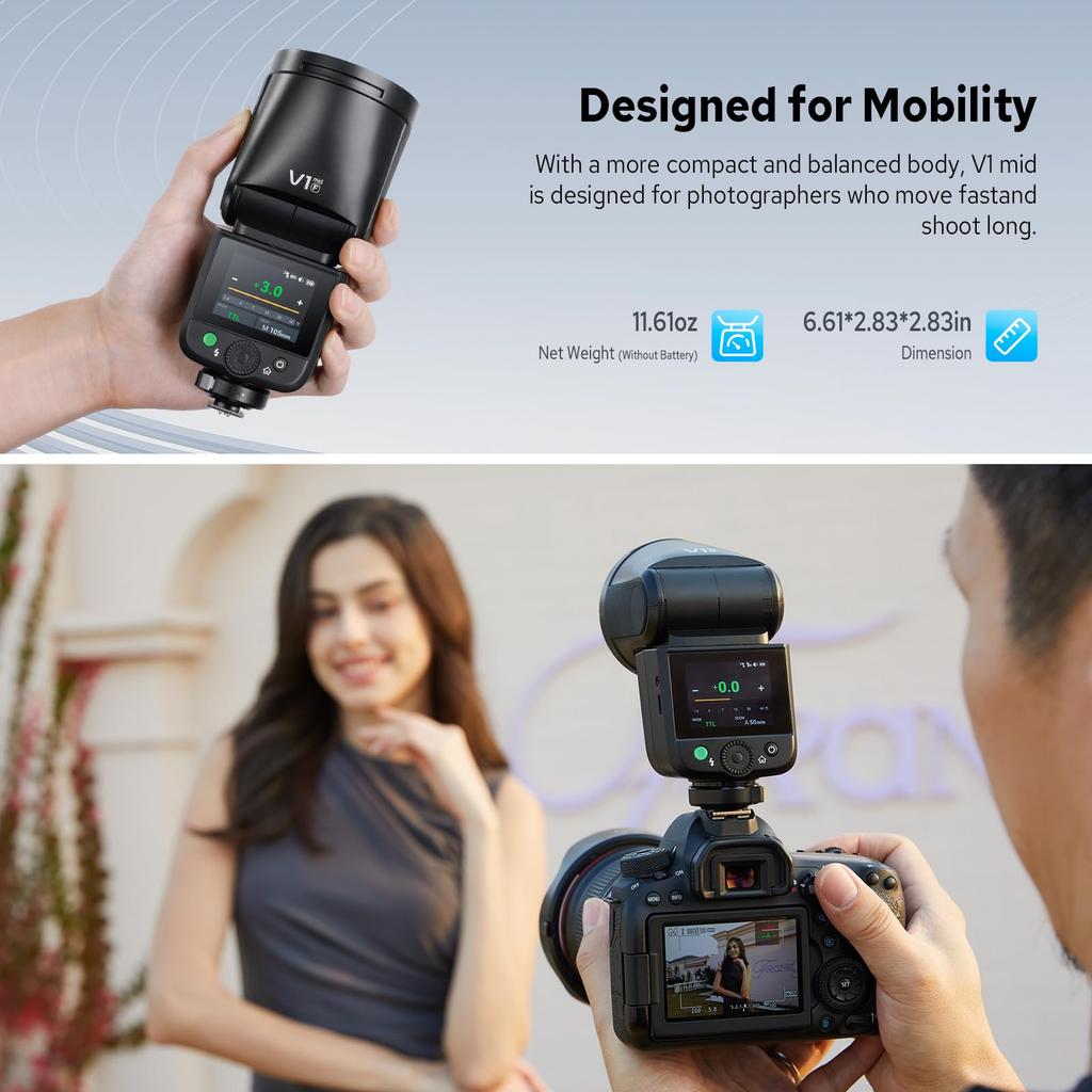Authorized GODOX V1 Mid F V1mid Camera Round TTL Battery Compatible with Fujifilm Cameras [GODOX Dealer] Flash, Head, Speedlight, 2.4G HSS, 1/8000s,