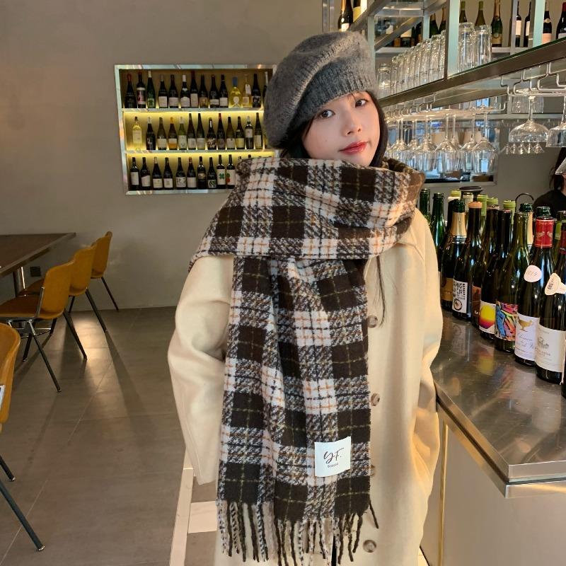 

Retro Green Plaid Scarf for Women Winter Korean Version White and Versatile Tassel Scarf for Students Thickened and Lengthened Warm Shawl 200*60cm