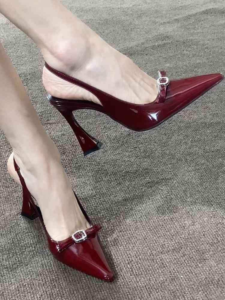 2025 Summer New Purple Satin Horseshoe Heel Bow Sandals Women's Pointed Rhinestone Buckle Sexy High Heels