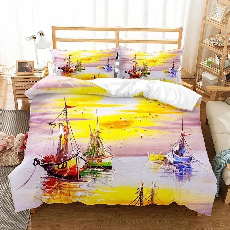 Oil Painting Landscape Duvet Cover King Queen Size Seaside Sunset Colorful Painted Style Art Print Polyester Comforter Cover