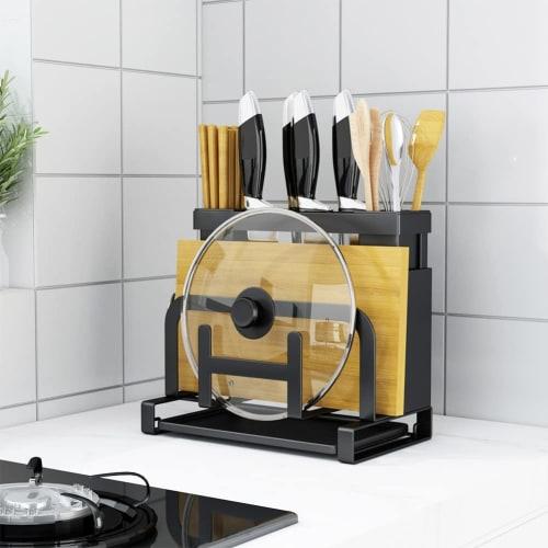 OUXEE Cutting Board Stand, Knife Holder, Pot Lid Stand, Chopstick Holder - Multifunctional Kitchen Storage Rack with Draining Tray, Space-Saving, 25.5