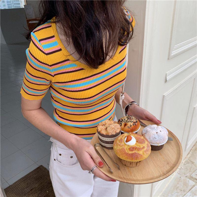 

Корейская энергичная летняя облегающая и универсальная цветная полосатая трикотажная рубашка с круглым вырезом и короткими рукавами L