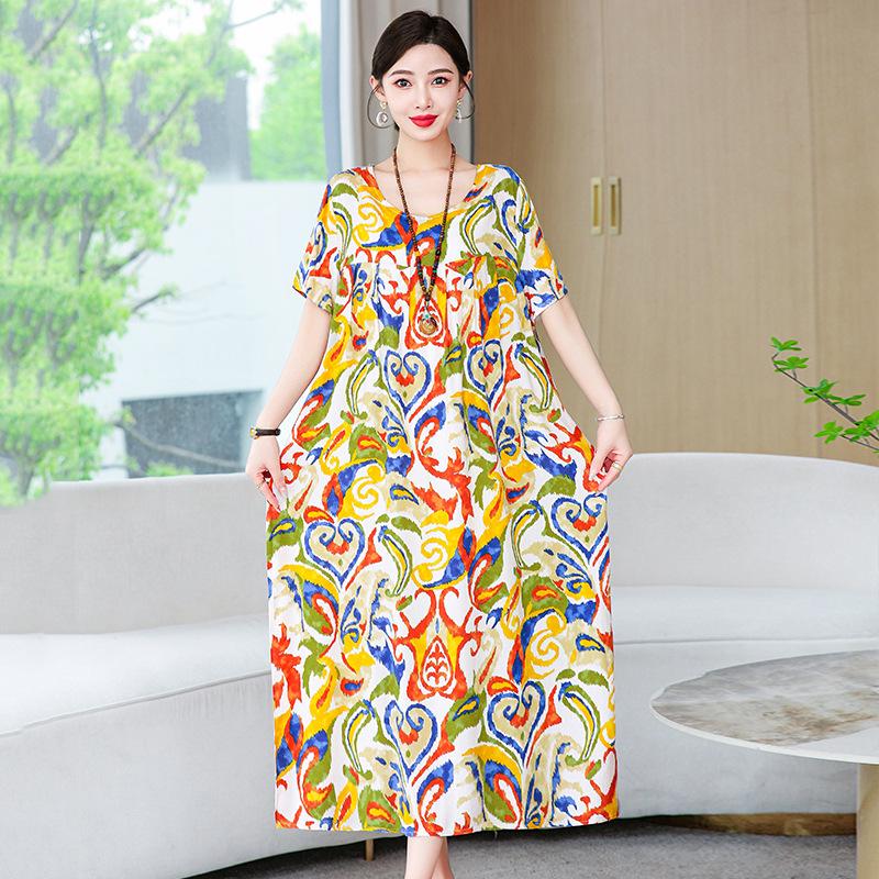 Cotton Silk Dress Women's Summer Large Size Temperament Loose Printing Casual Cotton and Linen Long Skirt