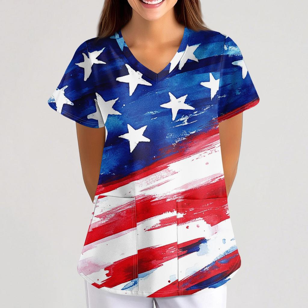 Plus Size Printed Scrub Working Uniform Tops For Women's Cross V-Neck  Short Sleeve Fun T-Shirts Workwear Tee With Pockets