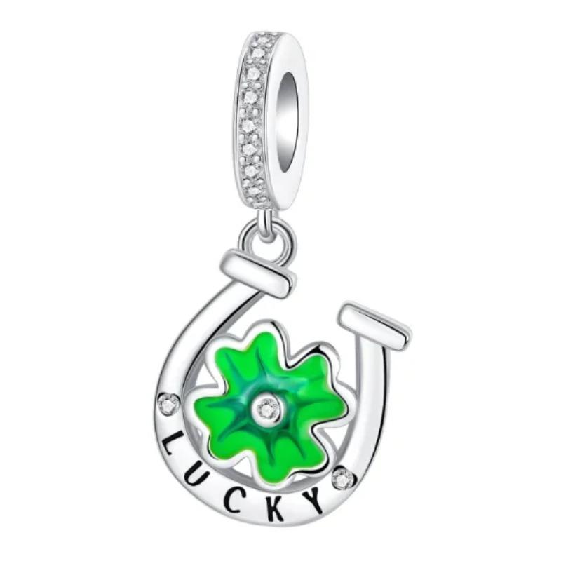 925 Sterling Silver Green Four Leaf Clover Horseshoe Charm Earrings Pendant Necklace Bracelet Jewelry Set