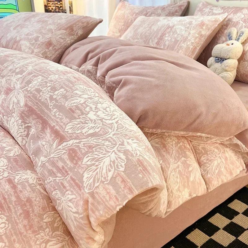 Winter Dickes Bedrucktes Milchsamt Vier-Teile-Set Bequem und Warm Kurzplüsch-Bettbezug 3-teiliges Set Kinderbettlaken