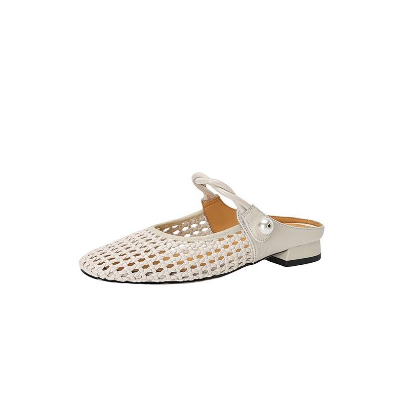 French Retro Woven Hollow Half Slippers Women's Summer Wear Flat Leather Word with Mary Jane Bag Head Cool Slippers