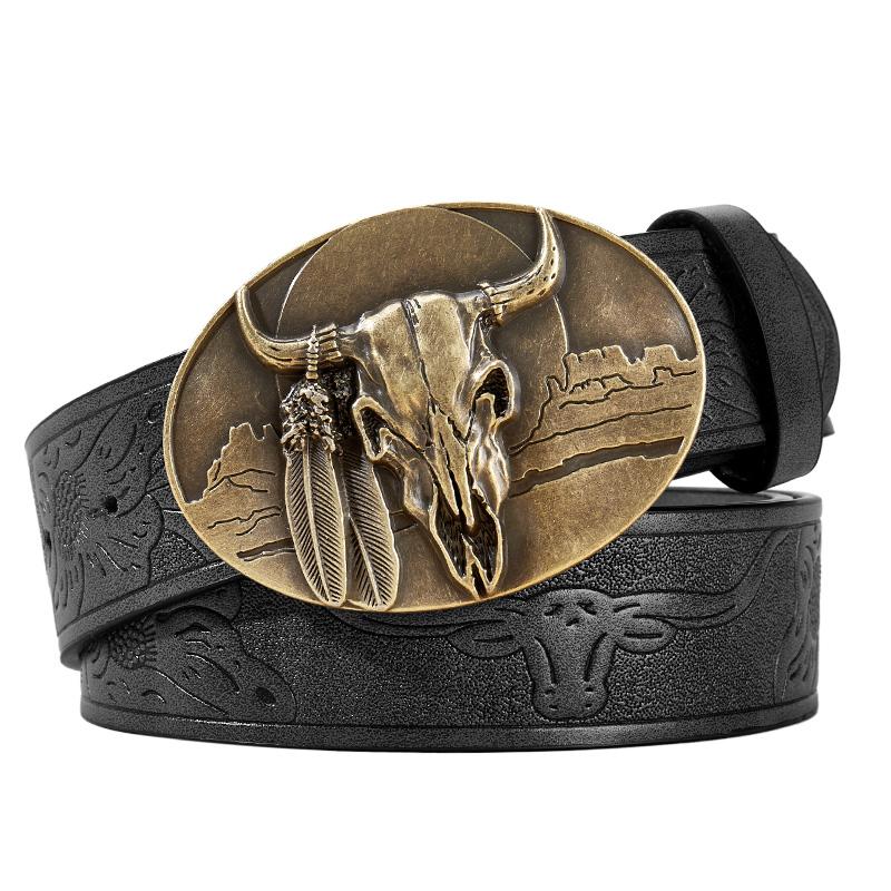 

Western Cowboy PU Leather Belt - Men Waist Strap Bull Decoration Floral Engraved for Jeans 110cm-43.3in