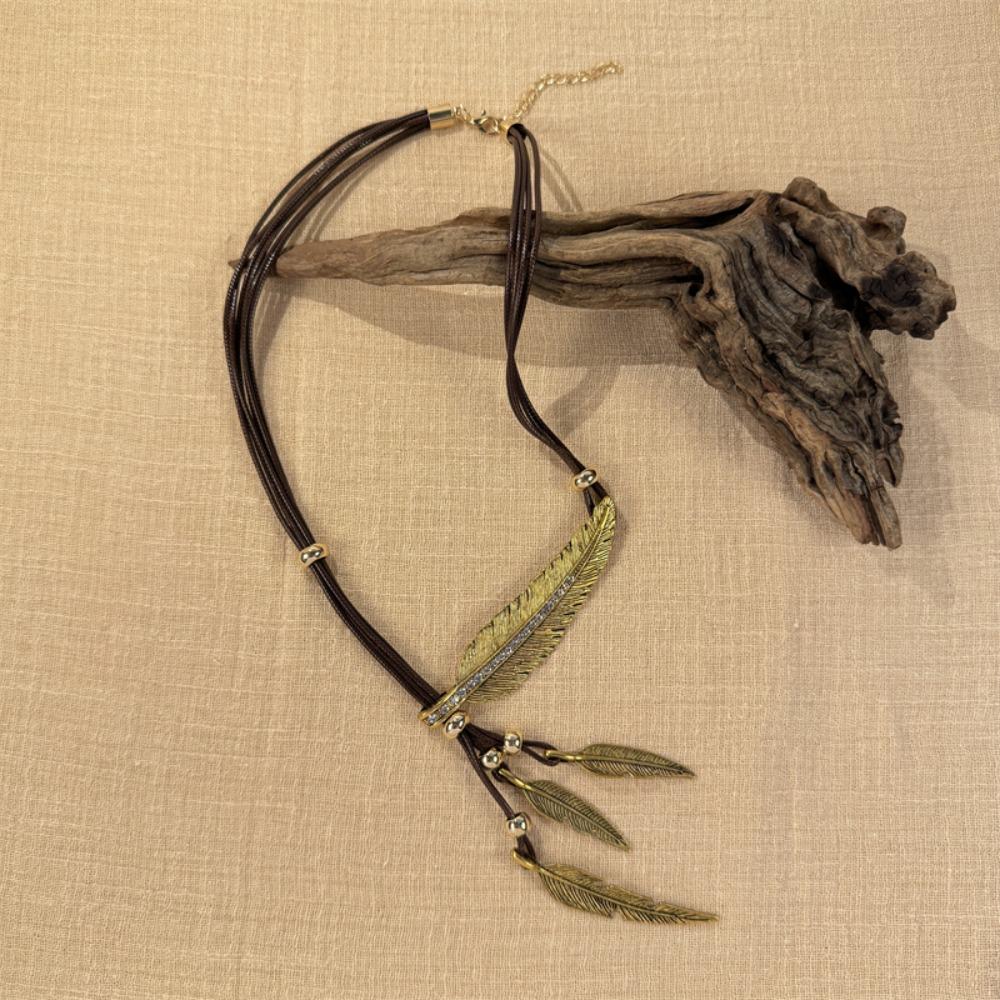 Silver Golden Feather Necklace Rhinestone Leaves Neck Pendant Leather Rope Tassel Necklace  Party
