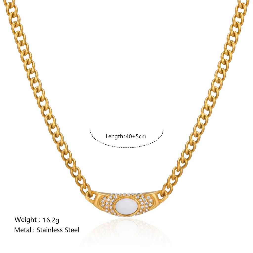 High-end Charm Stainless Steel Cat's Eye Stone Necklace Vintage Style Ancient Geometric Link Chain Choker