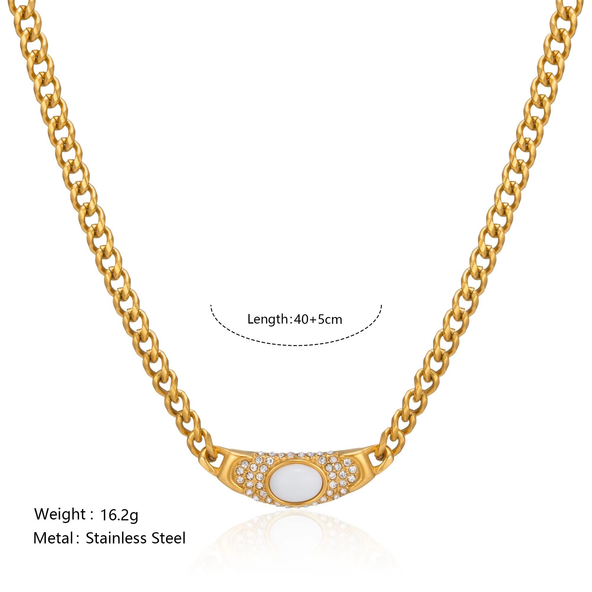 High-end Charm Stainless Steel Cat s Eye Stone Necklace Vintage Style Ancient Geometric Link Chain Choker белый