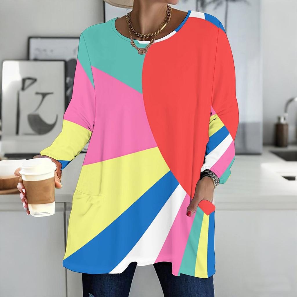 Ladies Round Neck Oversized Long Sleeve T Shirt Soft Comfort Tops For Indoor Daily Wear