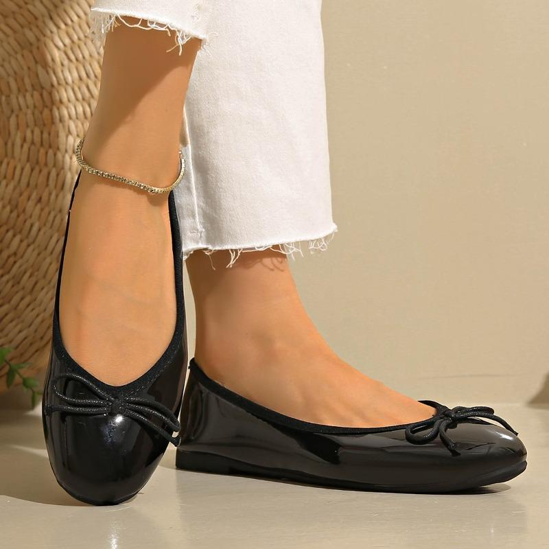Fashion Simple Flat Single Shoes Women's Fashion Round Toe Light Mouth Patent Leather Bow Slip Soft Sole Non-Slip Low Top Shoes