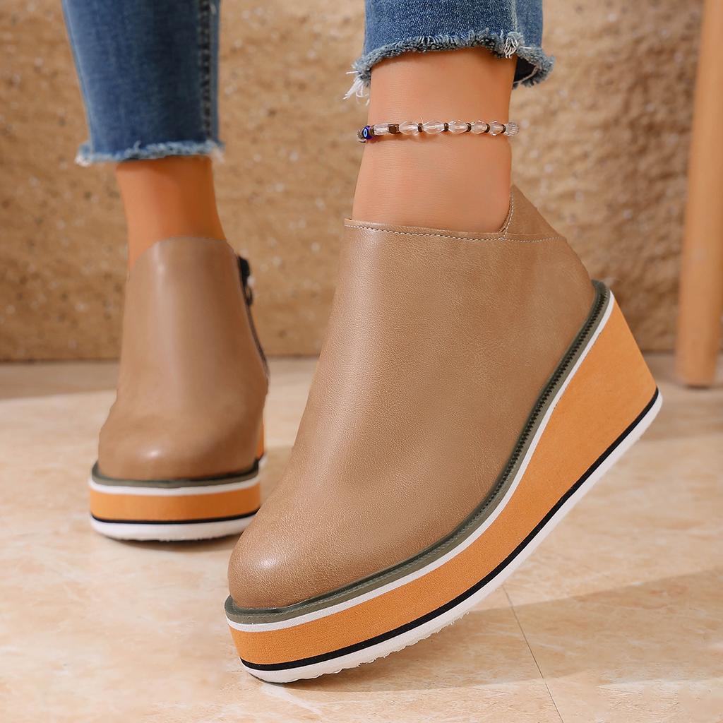 Wedges Women's Boots Retro Female Ankle Boots Trend Round Toe Platform Booties Comfortable Zipper Leather Shoes for Women Heeled